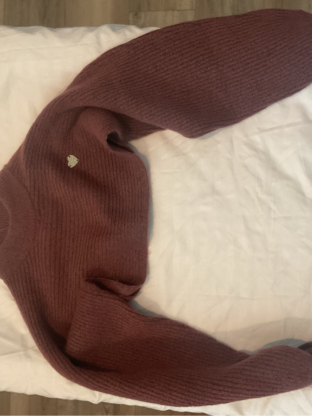 Guess Mauve Ribbed Crew Sweater with Gold Heart Pin